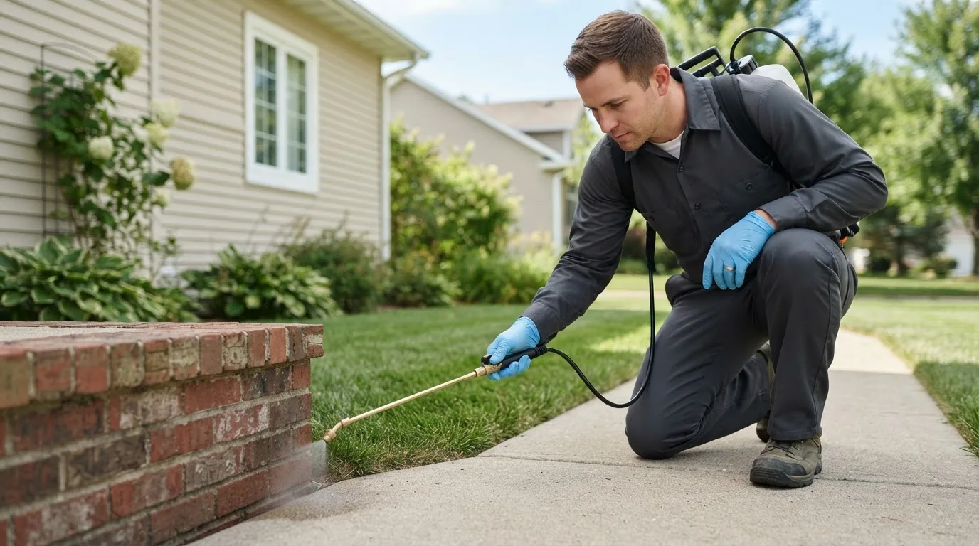 Pest control technician treating a home near Mastic, NY